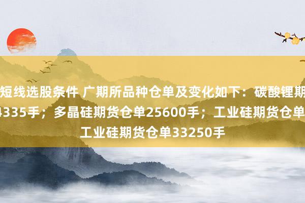 短线选股条件 广期所品种仓单及变化如下：碳酸锂期货仓单34335手；多晶硅期货仓单25600手；工业硅期货仓单33250手